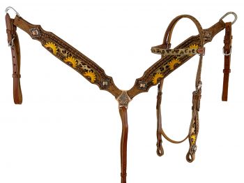 Showman Browband Headstall &amp; Breastcollar set with hair on cheetah print and painted sunflowers